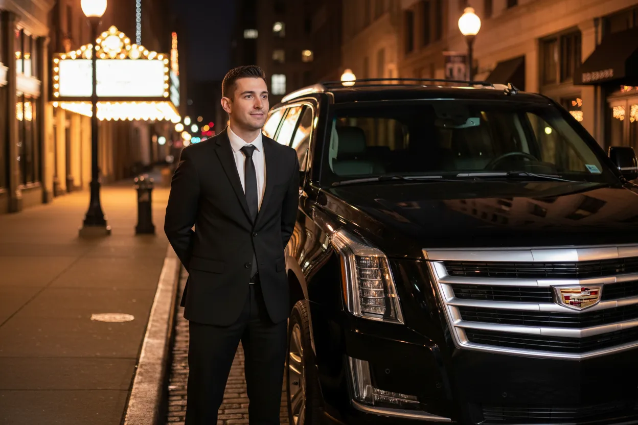 A professional chauffeur in a dark suit standing calmly beside a polished black SUV parked on a quiet side street near the United Center at night, city lights in the background, composed and ready, photorealistic style