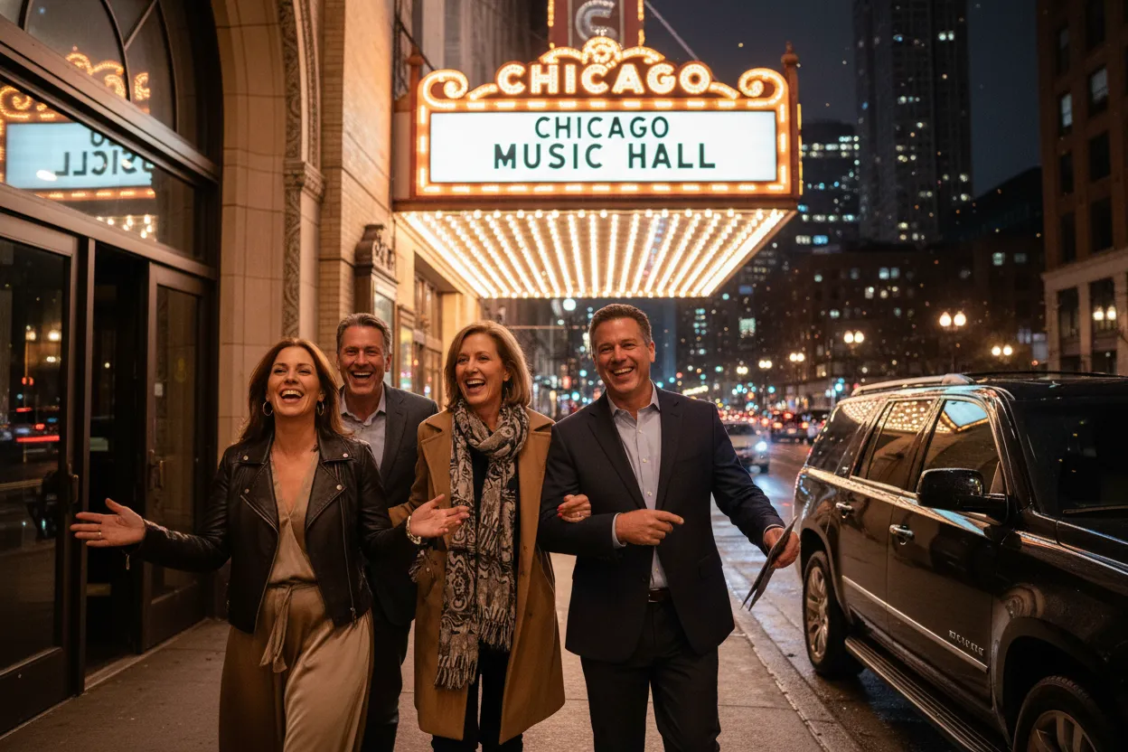 A group of adults in their 40s and 50s walking together out of a concert venue at night, laughing and animated, Chicago street scene, warm venue lights in the background, a polished black SUV visible on the street, photorealistic style
