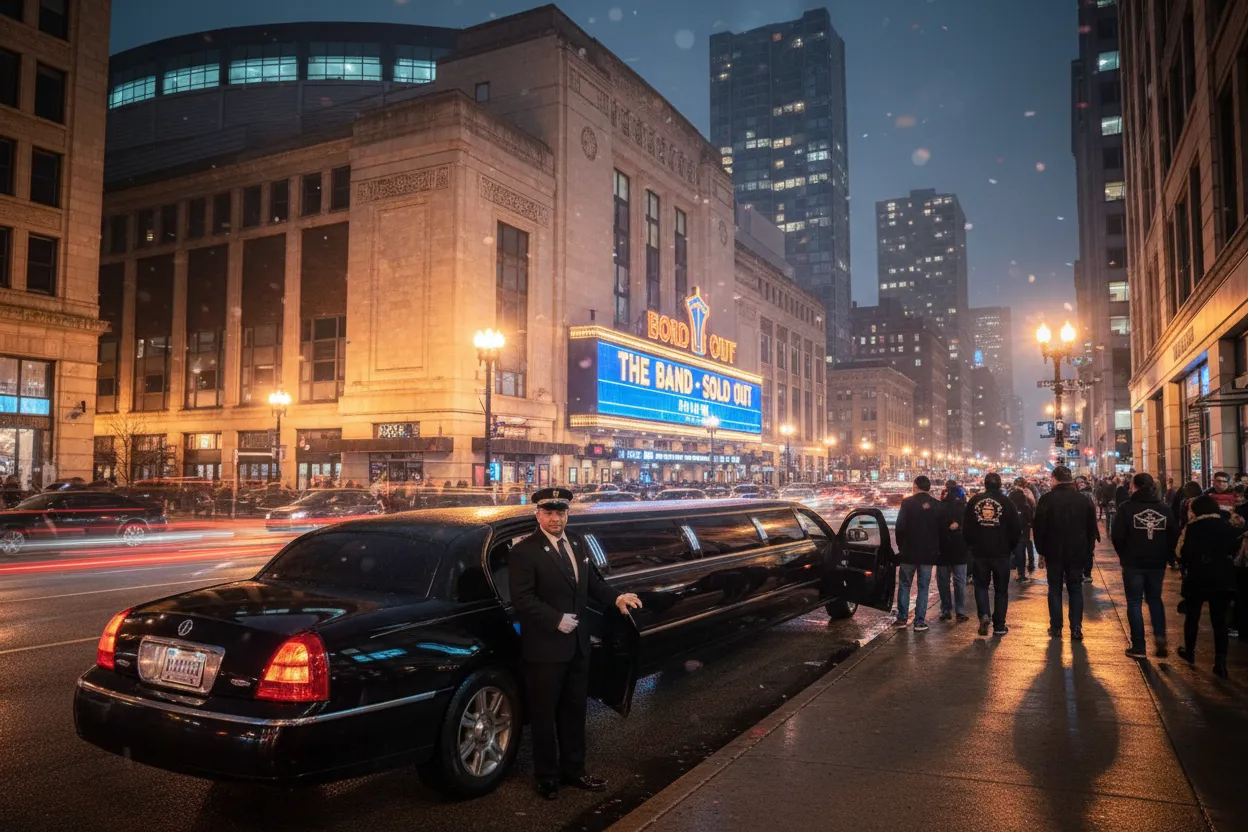 A polished black stretch limo parked on a Chicago street at night outside the United Center, warm venue lighting reflecting on the vehicle, a professional chauffeur standing nearby, festive concert atmosphere, photorealistic style