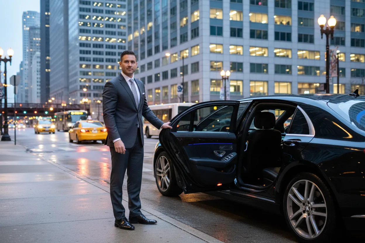 A professional male chauffeur in a dark suit holding open the rear door of a polished black executive sedan parked outside a Chicago office tower, early morning, city lights still on, confident and composed expression, photorealistic style