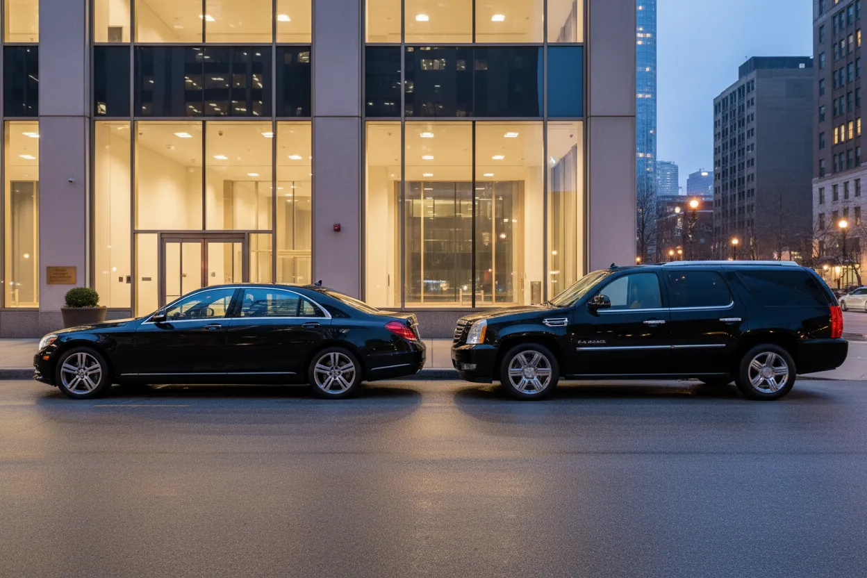 Polished black executive sedan and full-size SUV parked side by side outside a Chicago office building at dusk, professional and well-maintained, soft evening light