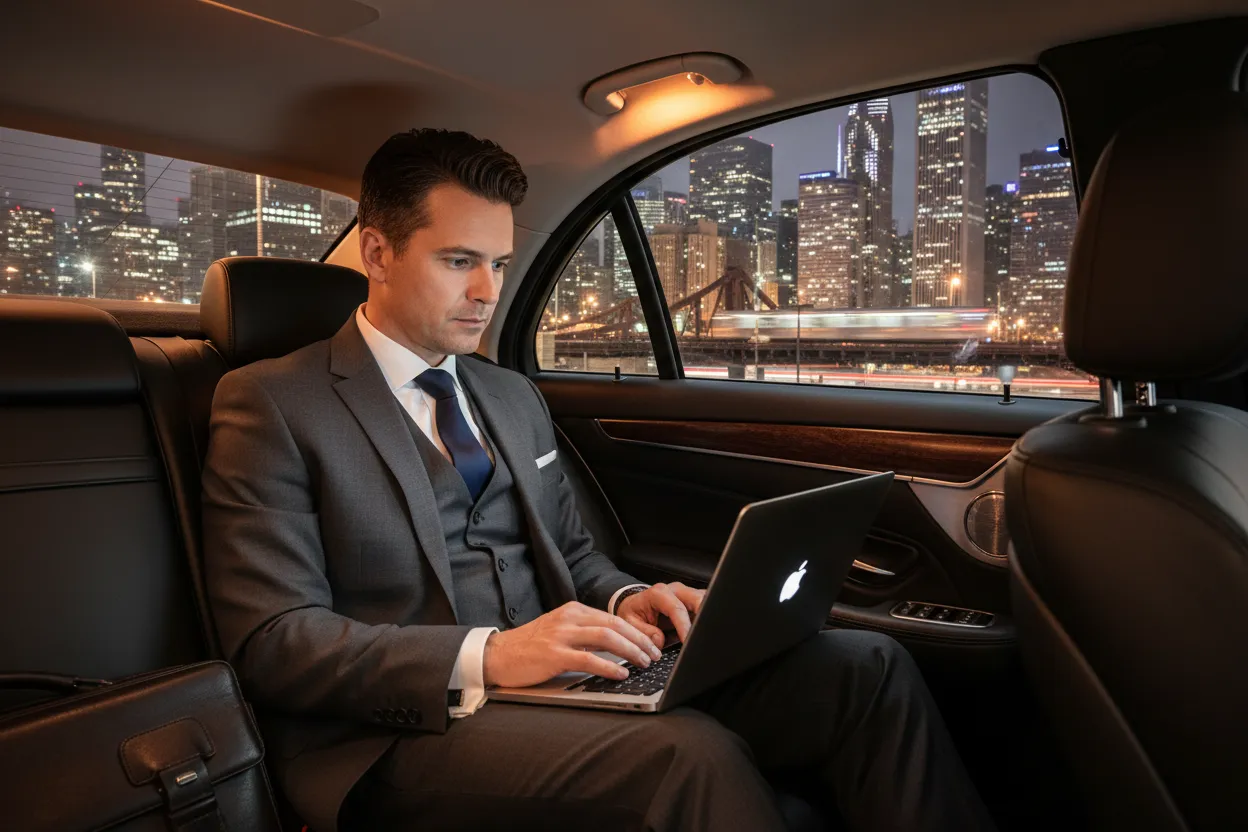 A business executive in a dark suit working on a laptop in the rear seat of a polished black sedan, passing through downtown Chicago at night, city lights visible through the window, calm and professional atmosphere, photorealistic style