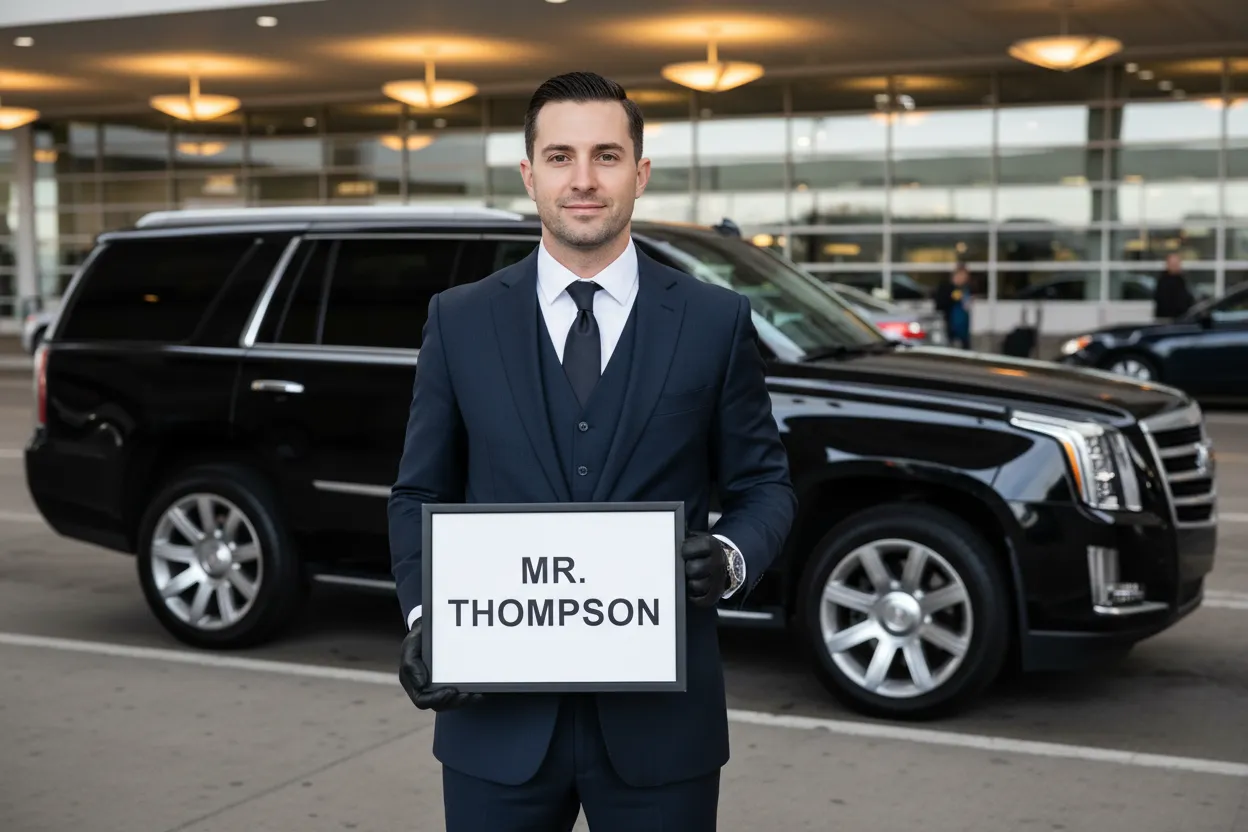 Professional chauffeur at the arrivals level of O'Hare Airport holding a name sign, calm and composed beside a polished black SUV