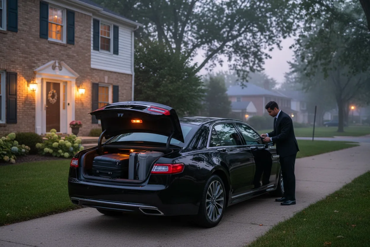 Polished black executive sedan parked in front of a suburban Chicago home at pre-dawn, chauffeur loading luggage into the trunk, porch lights on, quiet neighborhood street