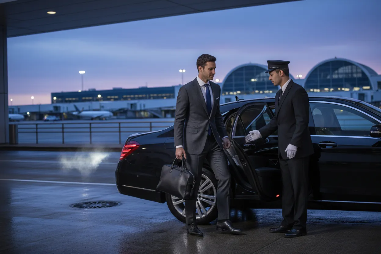 Business traveler in a suit stepping into a polished black executive sedan outside O'Hare Airport at early morning, chauffeur holding the door open, soft pre-dawn blue light, Chicago terminal background, photorealistic style