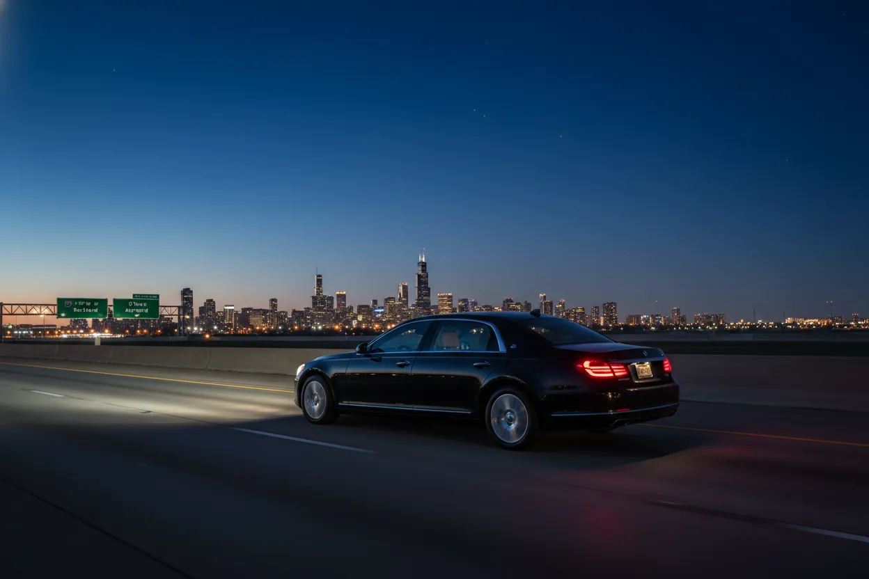 Polished black executive sedan on the I-90 highway heading toward Chicago O'Hare Airport in early morning darkness, city lights in the distance, smooth empty highway, photorealistic style