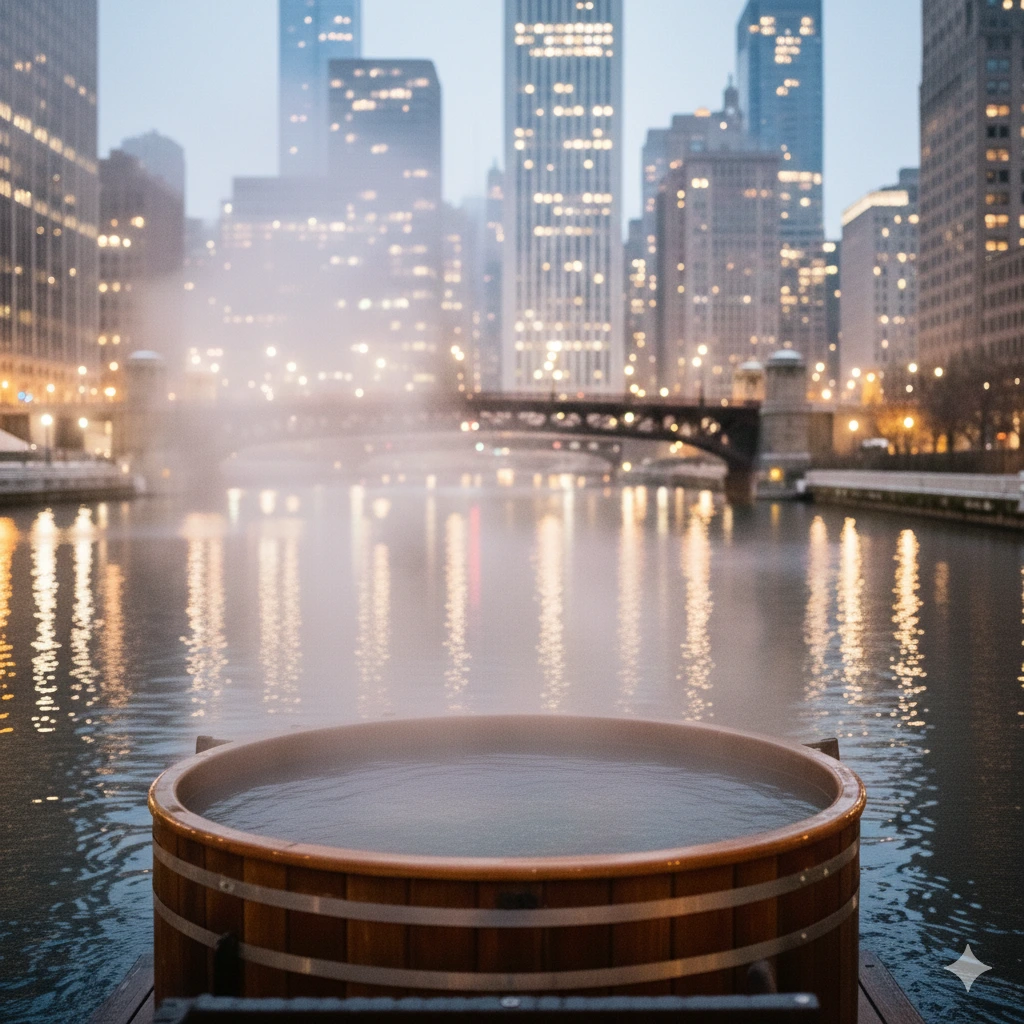 Hot tub boat on Chicago River in winter with skyline