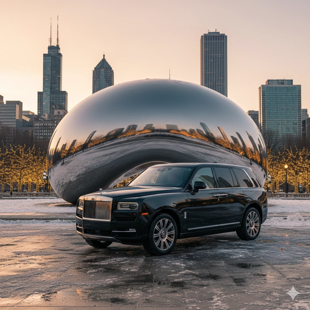 Luxury vehicle in front of The Bean at Millennium Park in winter