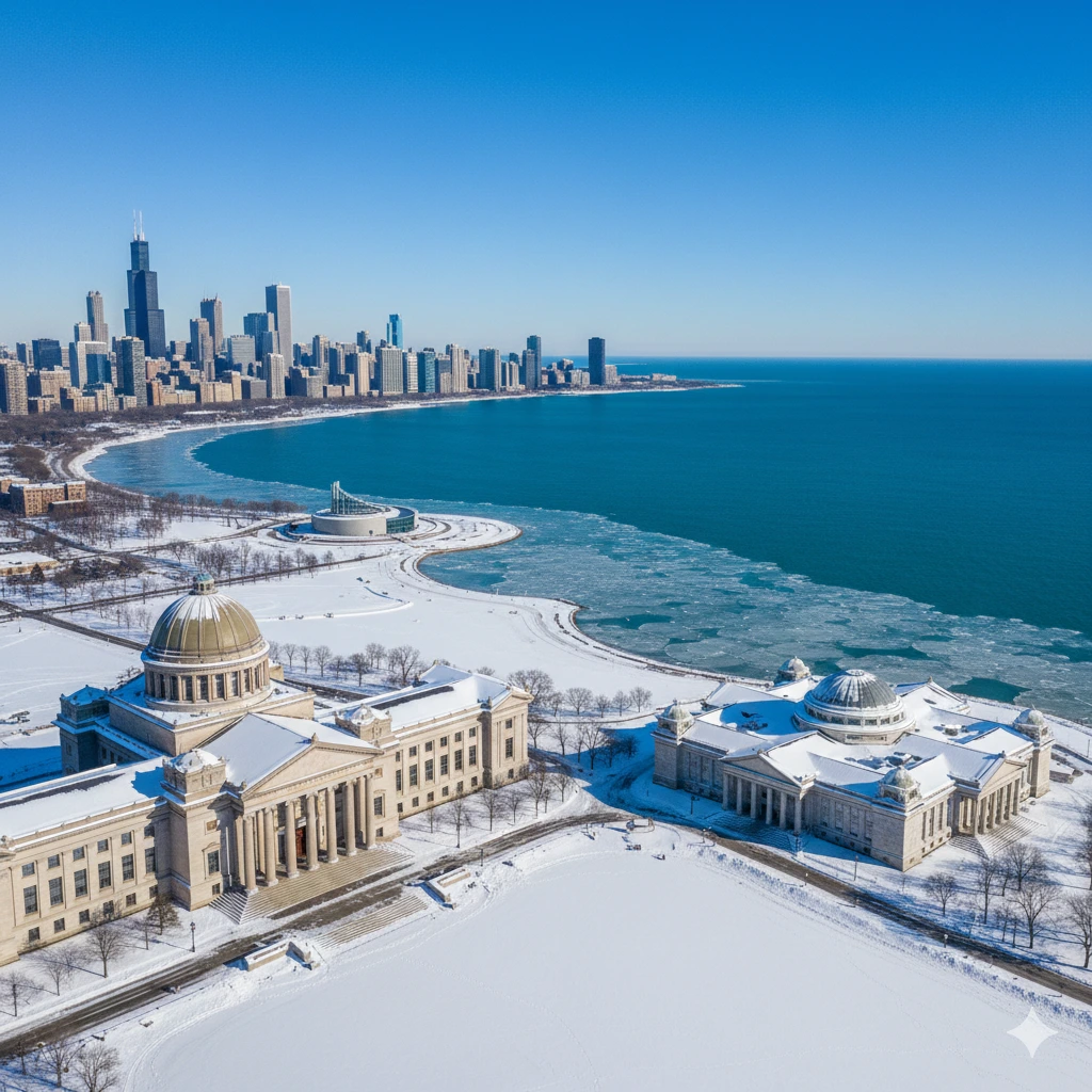 Museum Campus with frozen Lake Michigan in background