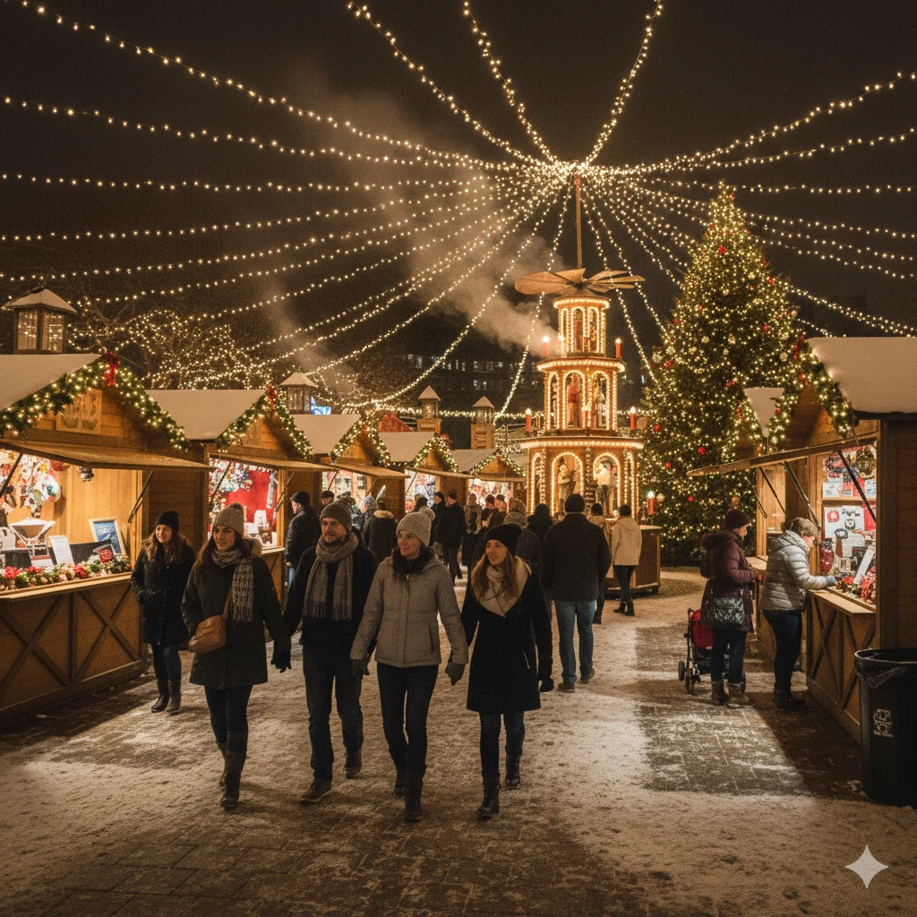 Naperville Christkindlmarket at night with lights