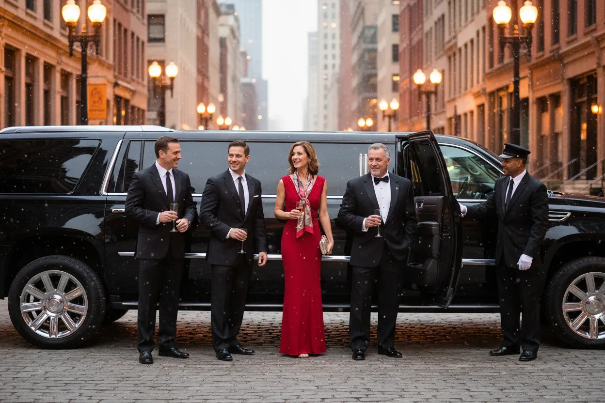Group of adults in festive attire stepping into a polished black stretch SUV limousine parked on a Chicago street decorated for Cinco de Mayo celebrations, warm evening lighting, festive but composed mood, photorealistic style