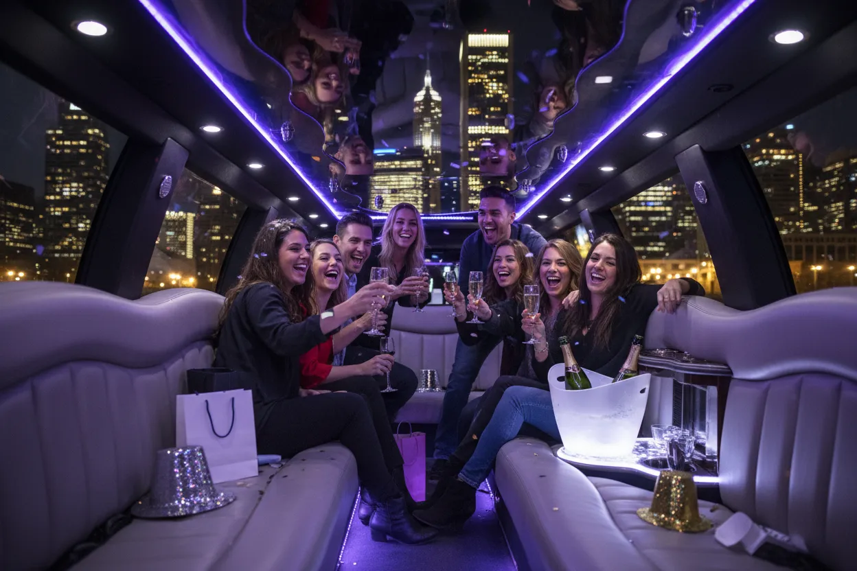 Interior of a stretch limousine with a group of friends celebrating inside, ambient mood lighting, festive atmosphere, champagne glasses raised, Chicago city lights visible through tinted windows at night, photorealistic style