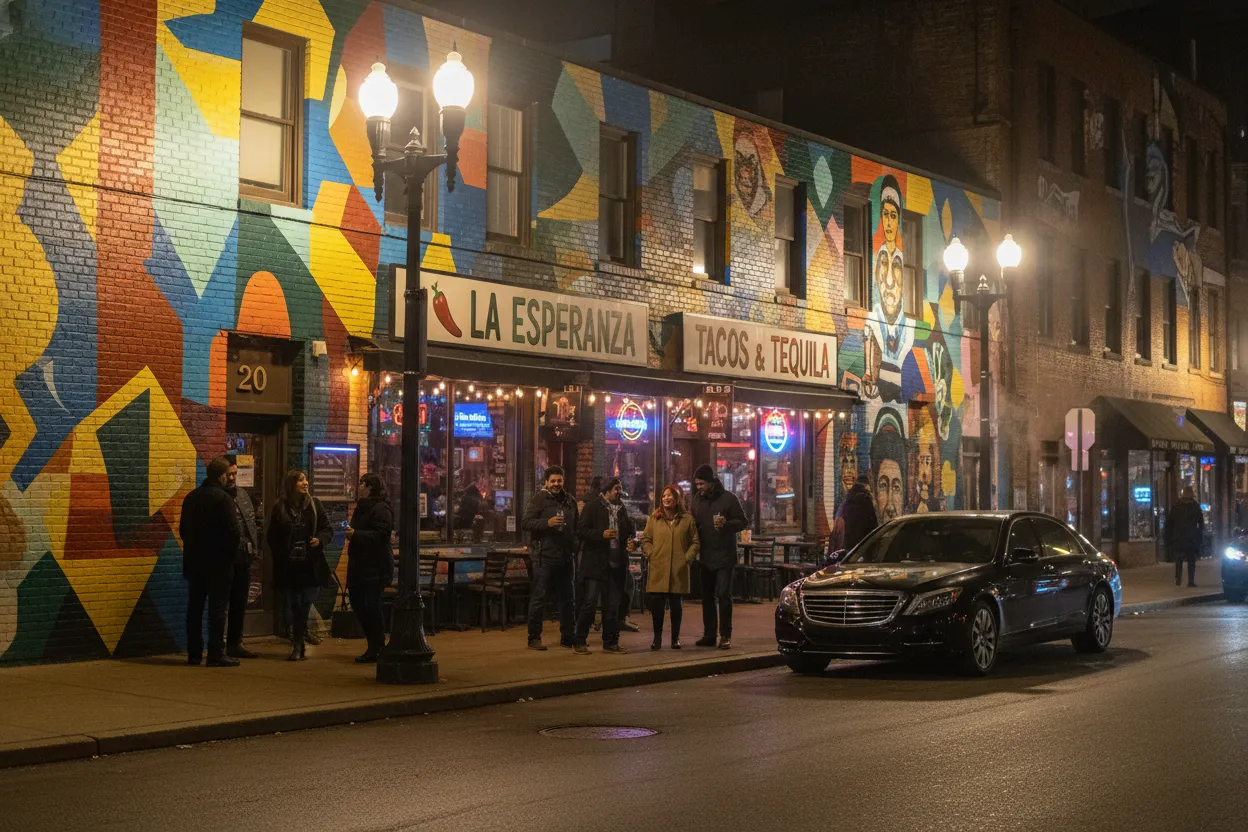 Pilsen neighborhood 18th Street Chicago at night, colorful murals lit by streetlamps, lively restaurant storefronts, warm festive atmosphere, black luxury sedan visible in the background on the street, photorealistic style