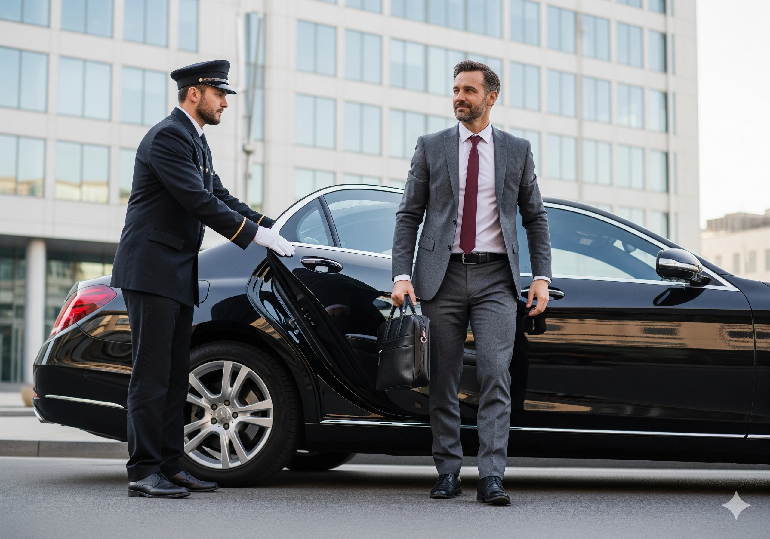 Professional chauffeur with luxury black sedan