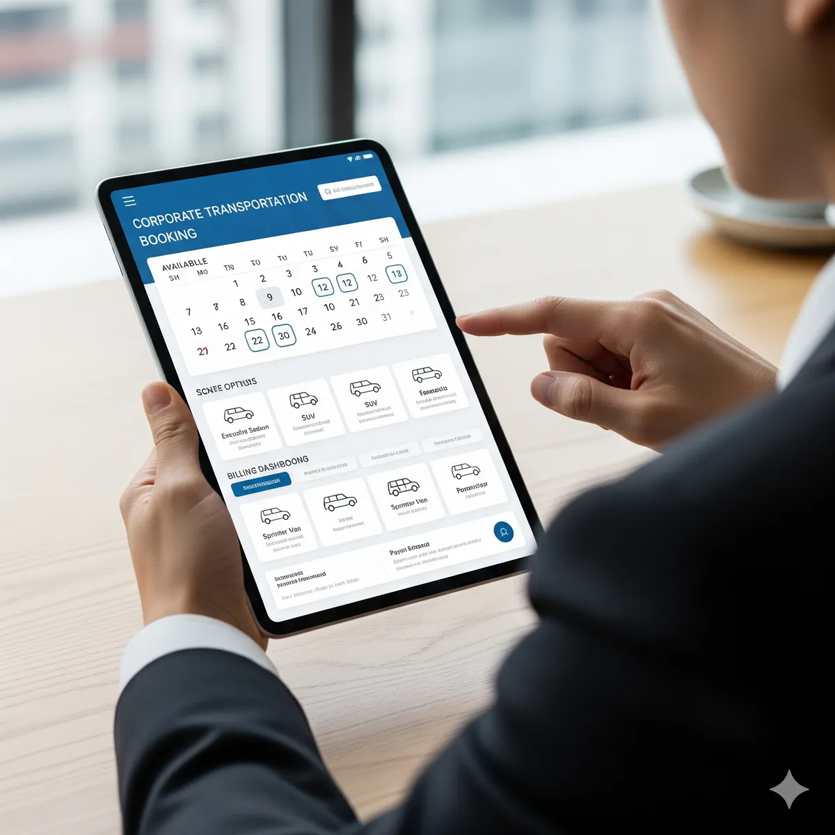 Corporate executive using tablet showing transportation booking platform interface