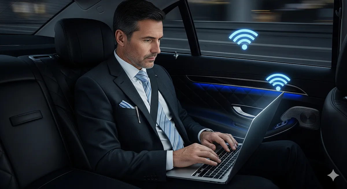 Business executive working on laptop in premium black car interior with leather seating
