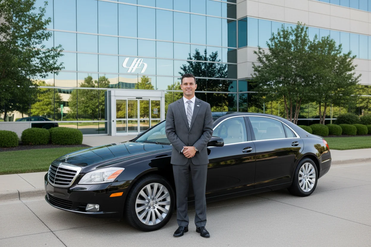 Professional chauffeur in his early 40s in a dark suit opening the rear door of a polished black executive sedan outside a modern corporate office building in Naperville, morning light, clean corporate campus setting