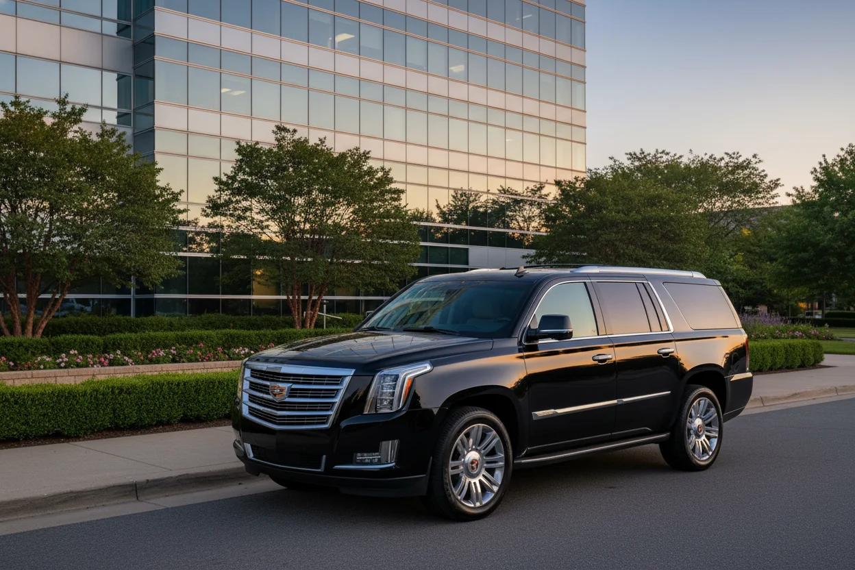 Polished black executive SUV parked in front of a Naperville corporate campus entrance at dusk, landscaped grounds and modern glass building facade in the background, professional and understated