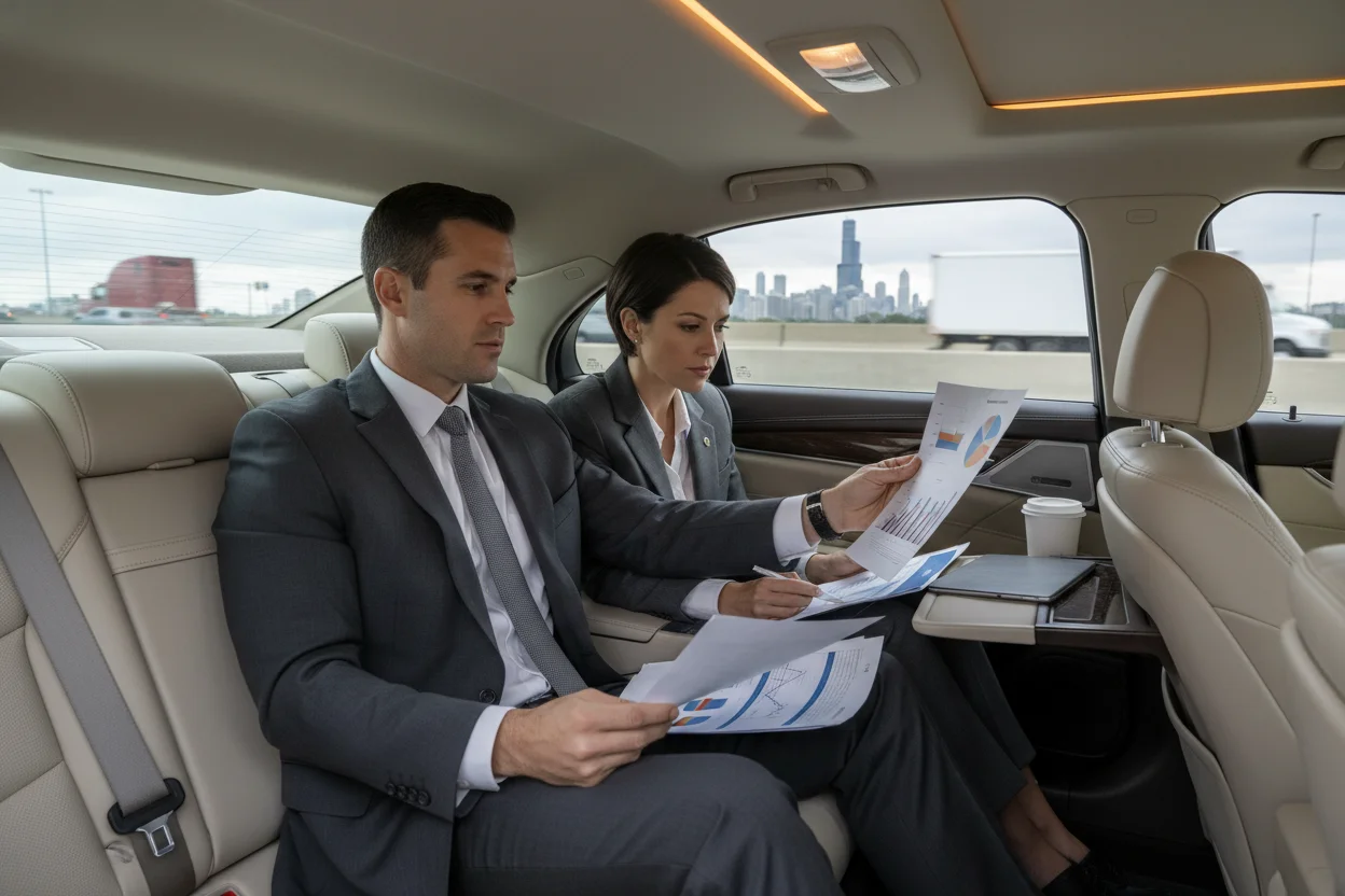 Two business professionals in dark suits reviewing documents in the rear of a polished black executive sedan, Illinois expressway visible through the windows, Chicago skyline faintly visible ahead through the windshield