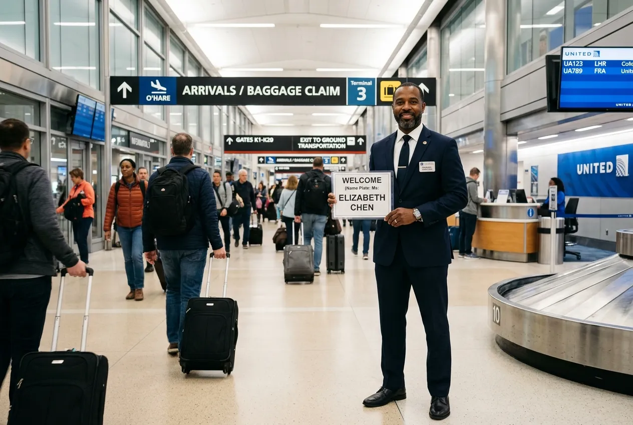 Professional chauffeur in his 30s in a dark suit holding a printed name sign at O'Hare International Airport Terminal 3 arrivals, modern terminal lighting, composed and professional posture, photorealistic style