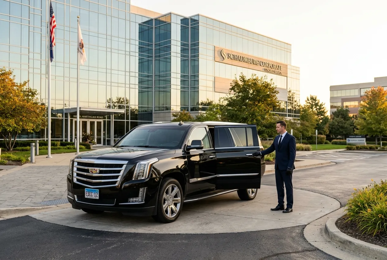 Business executive in a tailored dark suit stepping into a polished black SUV outside a modern corporate campus in Schaumburg, glass office building in background, professional chauffeur holding the door, morning light, photorealistic style