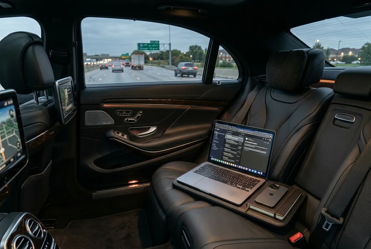 Business executive in a dark suit working on a laptop in the rear seat of a polished black executive sedan, soft interior cabin lighting, Chicago suburban highway visible through tinted windows, photorealistic style