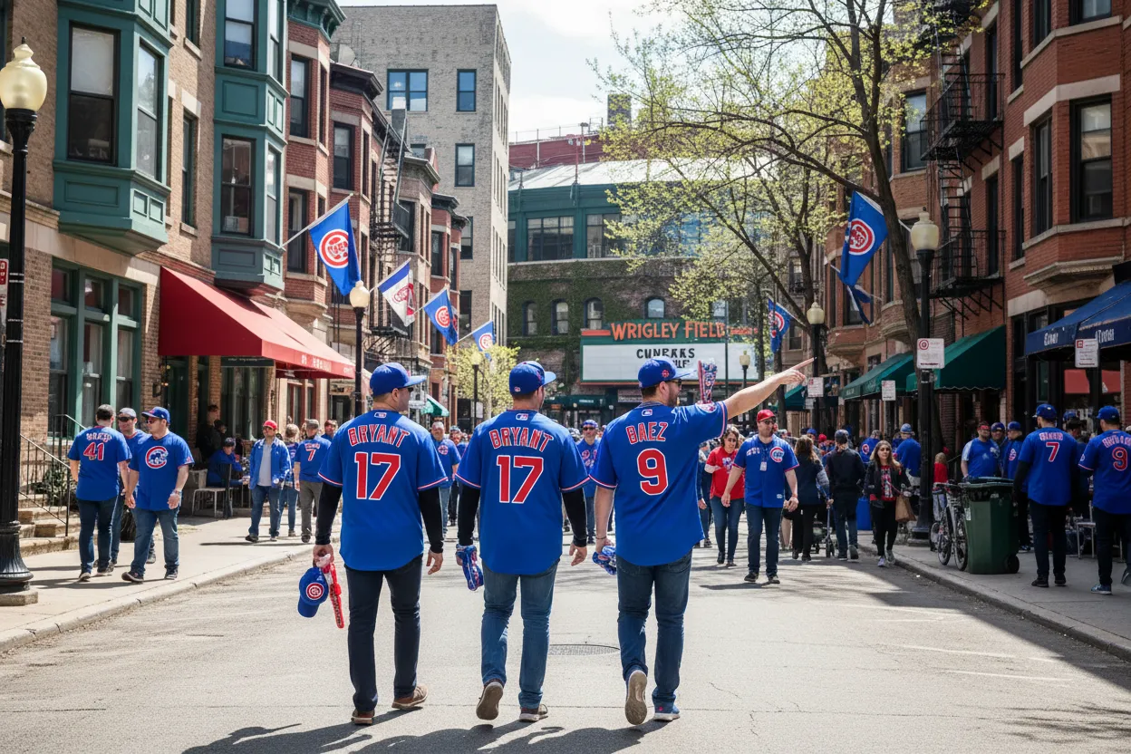 Group of Cubs fans in blue jerseys arriving at a pre-game bar on a Chicago street near Wrigley Field on a spring afternoon, energy and excitement, urban neighborhood setting, photorealistic style