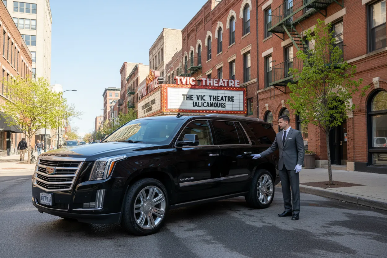Polished black SUV parked on a Chicago street near Wrigley Field on a spring day, professional chauffeur at the door, Wrigleyville neighborhood architecture visible in background, photorealistic style