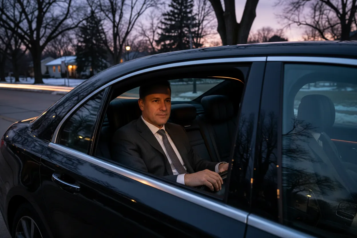 Business traveler in his early 40s in a dark suit seated in the back of a polished black executive sedan at pre-dawn, relaxed and prepared posture, soft warm interior lighting, suburban Chicago street visible through the window