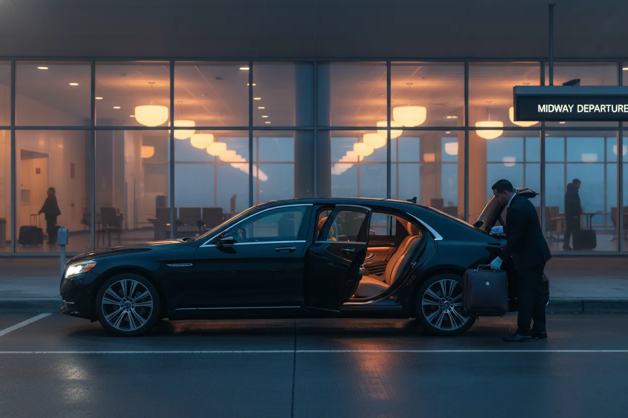 Pre-dawn view of Midway Airport departure curb, polished black executive sedan at the curb with warm interior lights on, professional chauffeur loading luggage, quiet terminal atmosphere before the morning rush, soft amber overhead lighting