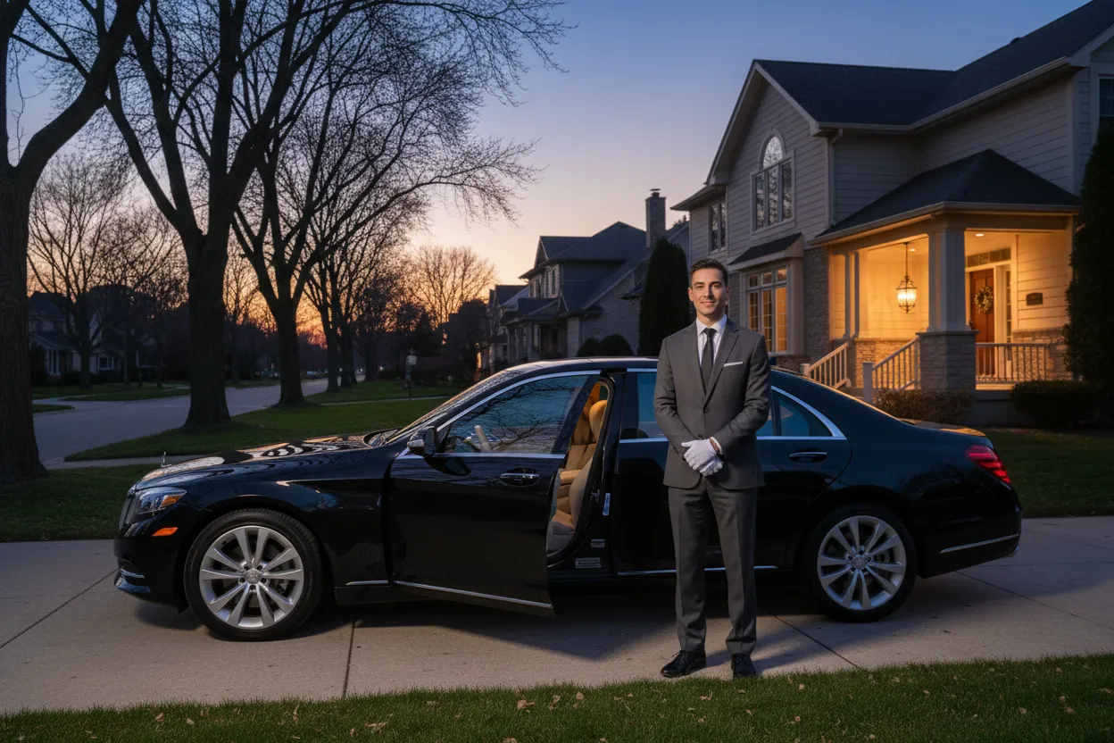 Professional chauffeur in a dark suit opening the rear door of a polished black executive sedan parked outside a suburban home at pre-dawn, warm porch lighting, quiet residential street, early morning atmosphere