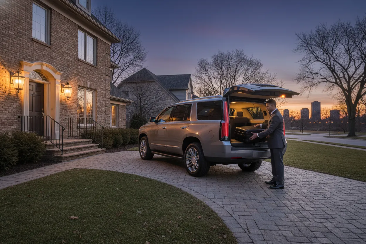 Black executive SUV parked outside a suburban Chicago home in pre-dawn darkness, warm porch light, professional chauffeur loading luggage, quiet neighborhood street
