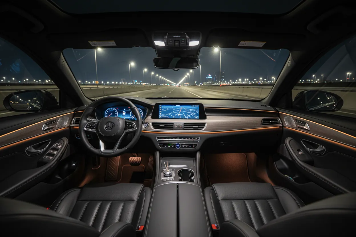 Interior of a clean black executive sedan at night, leather seats, soft interior lighting, empty highway visible through windshield, calm professional atmosphere