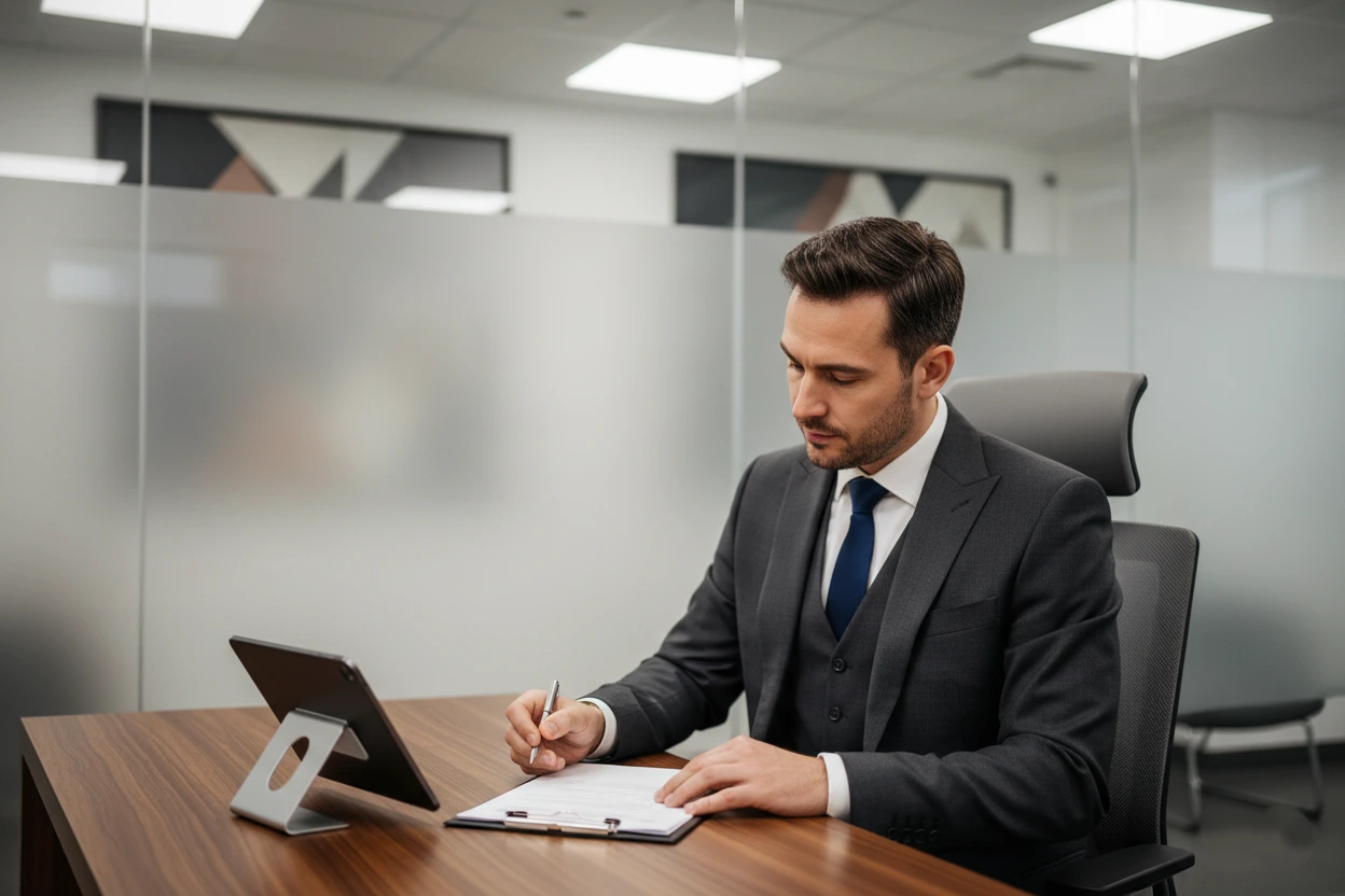 Professional chauffeur in formal attire reviewing documents beside a black luxury sedan in Chicago