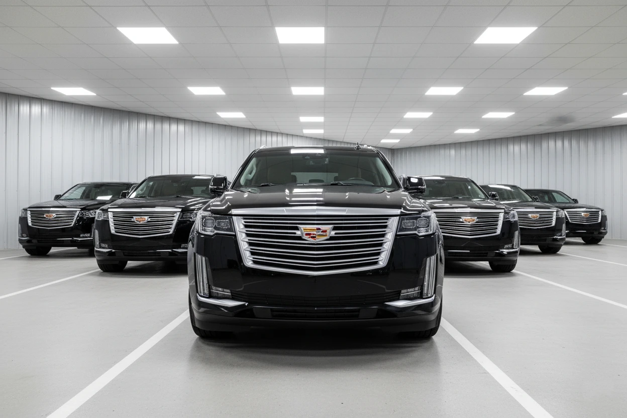 Row of polished black luxury vehicles lined up in a professional fleet garage