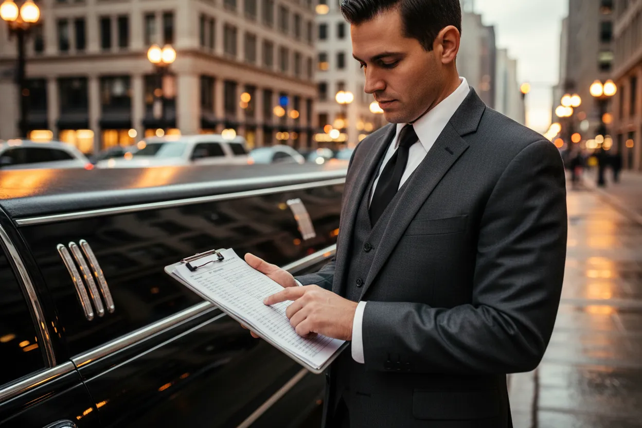Professional chauffeur in a dark suit reviewing a booking itinerary on a clipboard, standing beside a polished black limousine parked on a Chicago street at dusk
