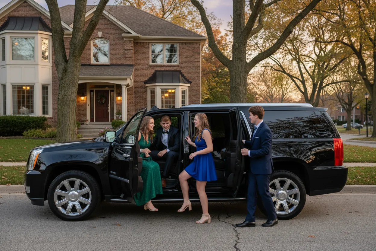 Group of four elegantly dressed prom students stepping into a black executive SUV parked outside a suburban Chicago home at dusk, warm golden light
