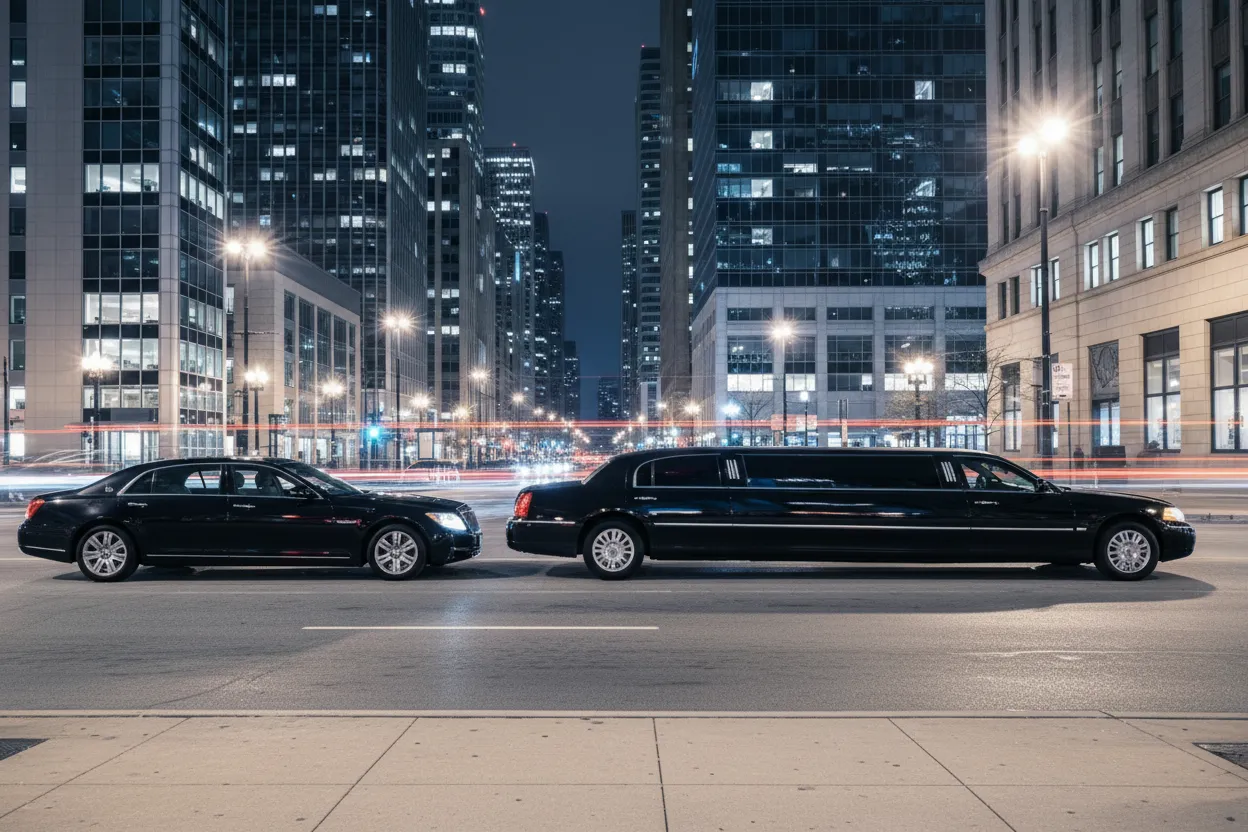 Black luxury sedan and black stretch limousine parked side by side outside a Chicago venue at night, both polished and ready