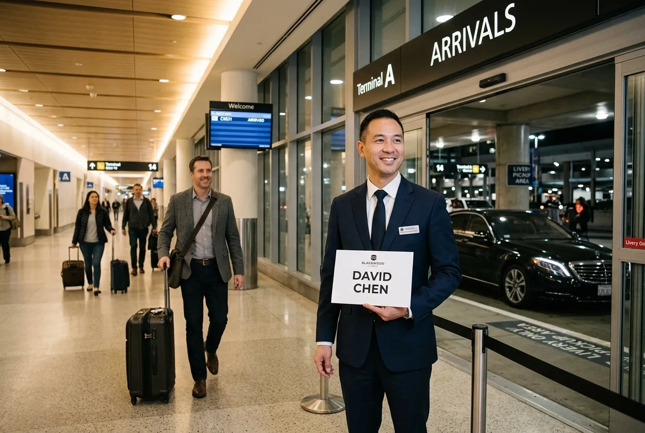 Professional chauffeur in a dark suit standing at the lower level arrivals area of Midway Airport beside a polished black sedan, holding a name sign, warm overhead lighting, composed and welcoming expression