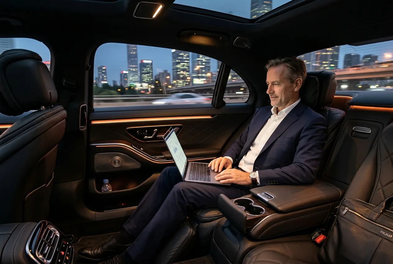 Female traveler in her early 40s seated comfortably in the back of a polished black luxury sedan, relaxed posture, soft warm interior lighting, window showing Chicago suburbs passing at dawn