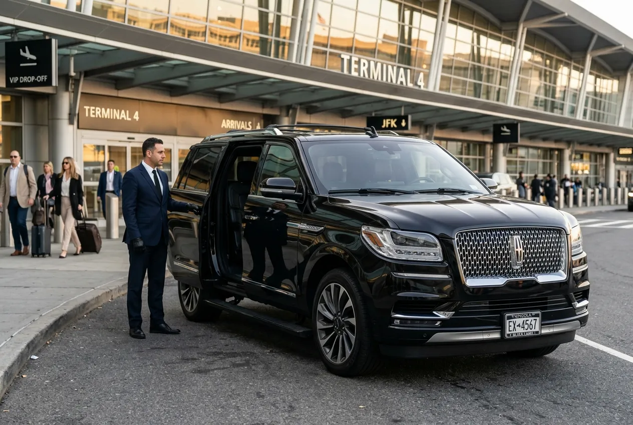 Polished black full-size SUV parked at Midway Airport terminal at early morning, clean and immaculate, soft pre-dawn blue light with warm terminal glow, professional atmosphere