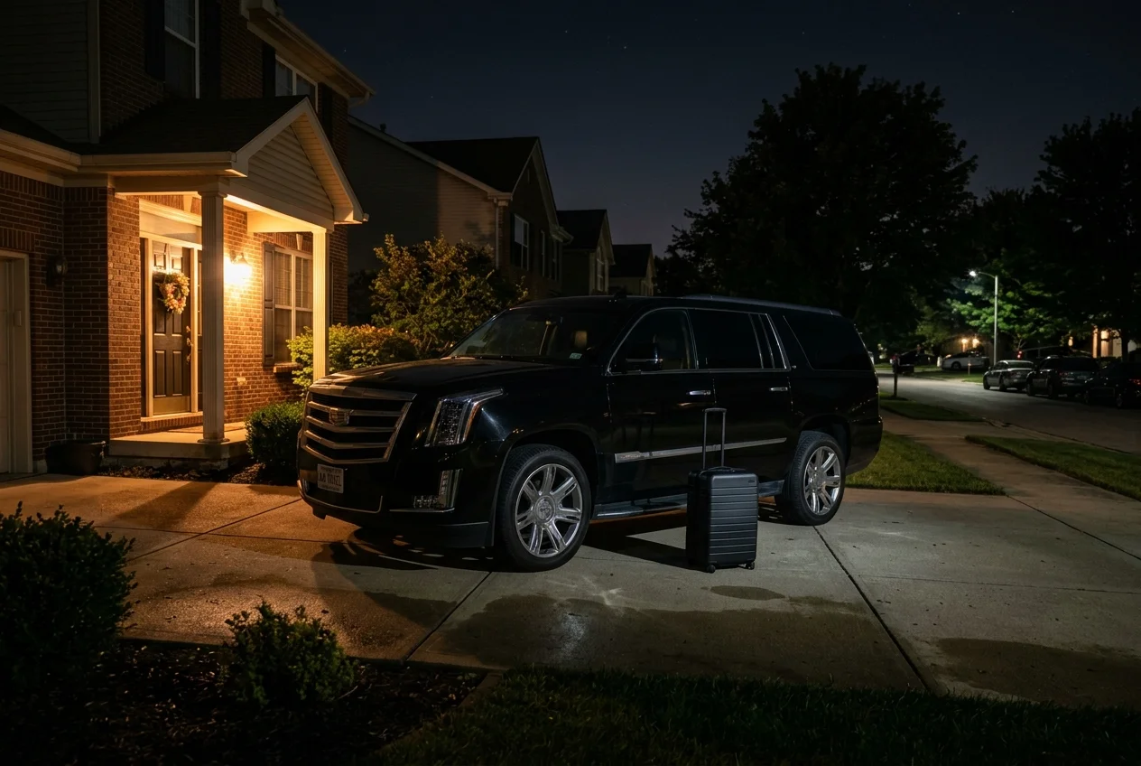 Professional chauffeur in a dark suit loading luggage into a polished black SUV in a Naperville suburban driveway at pre-dawn, porch light on, quiet residential street