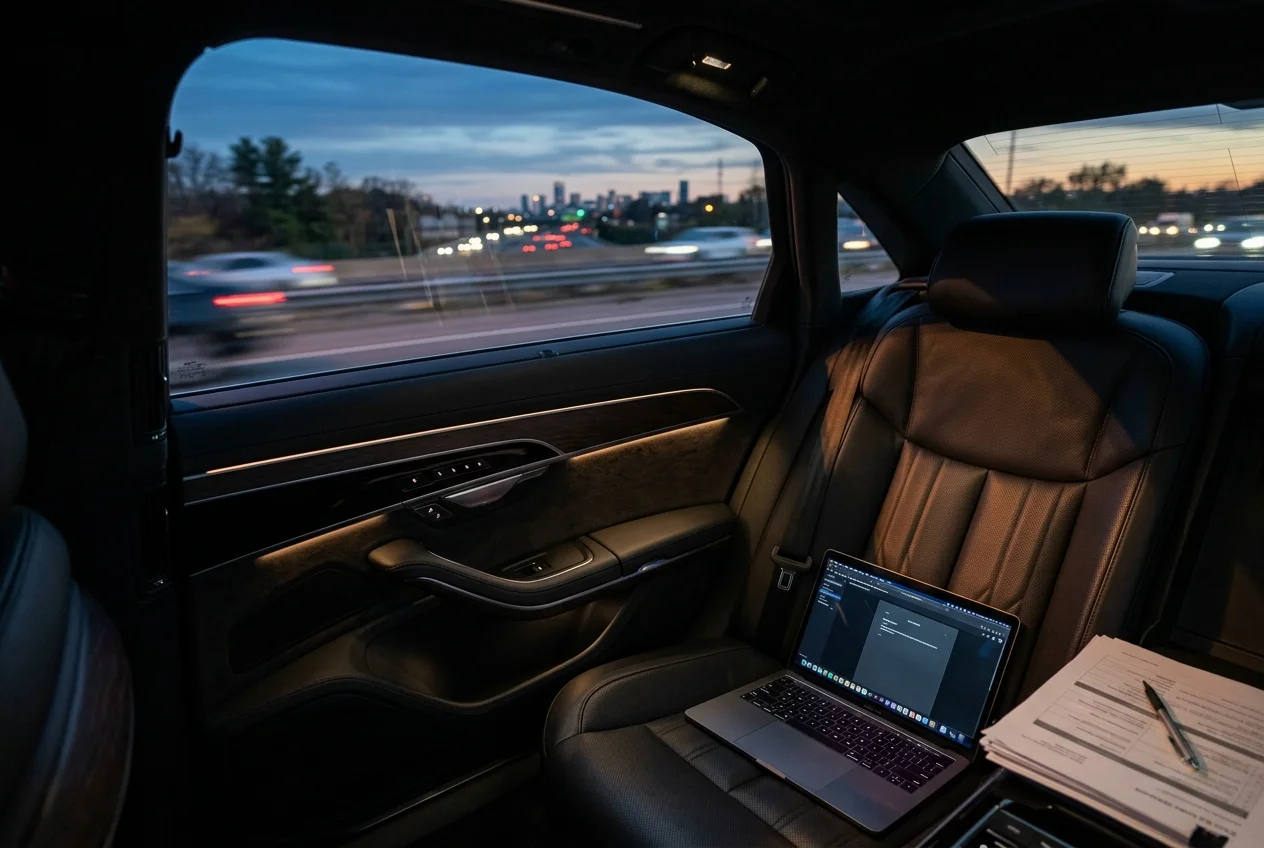 Business executive in a dark suit working on a laptop inside a polished black executive sedan, Illinois expressway visible through the window at evening, soft interior lighting