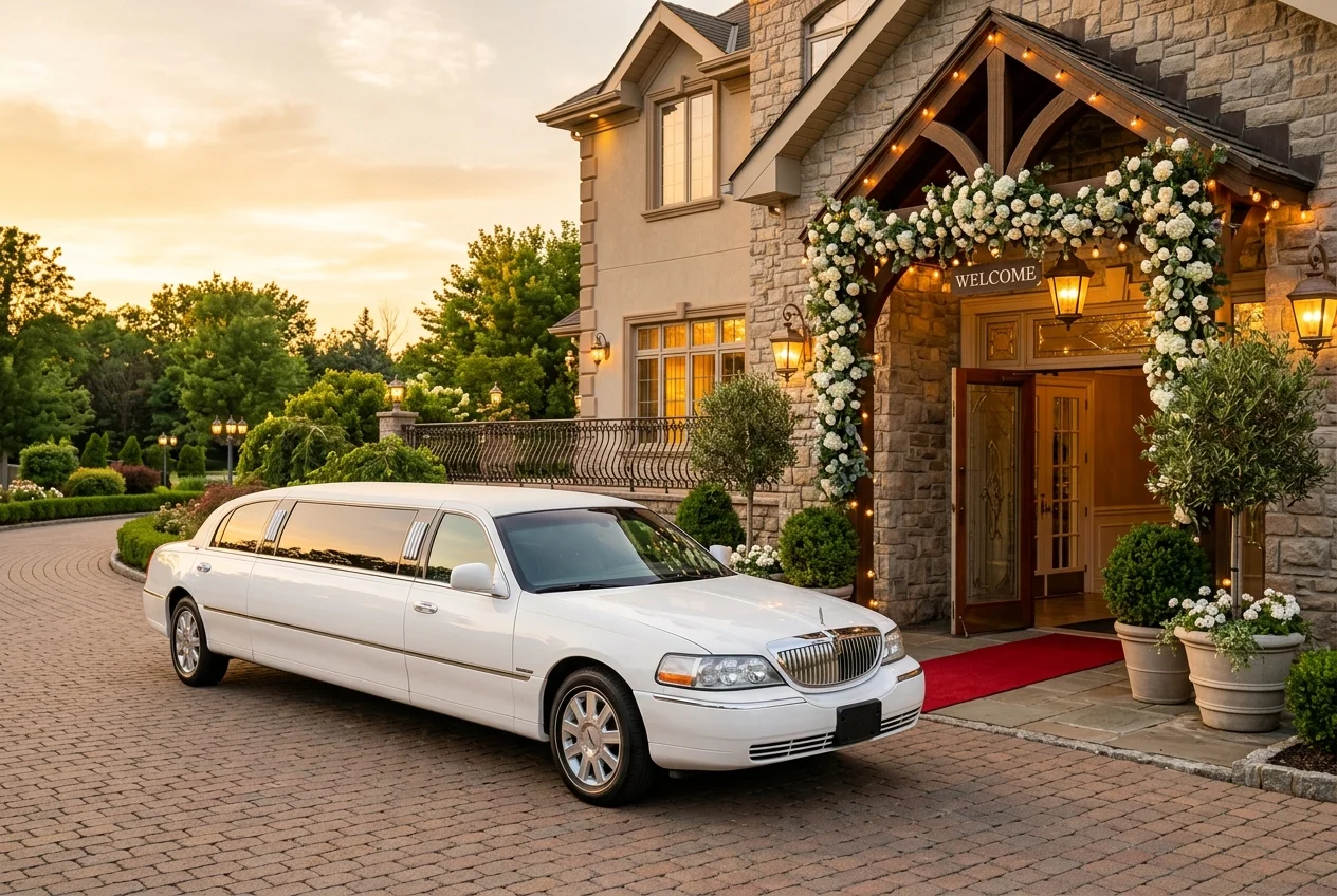 White stretch limousine parked outside an elegant Naperville wedding venue on a warm summer evening, golden hour light, bride and groom visible near the entrance, manicured grounds