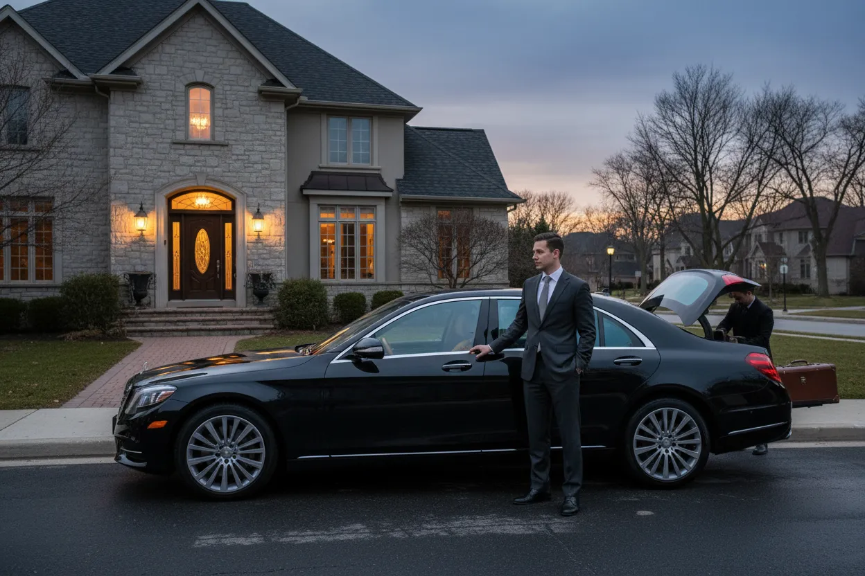 Professional chauffeur standing beside a polished black SUV outside a Chicago home at early morning, warm porch lights, ready for airport departure