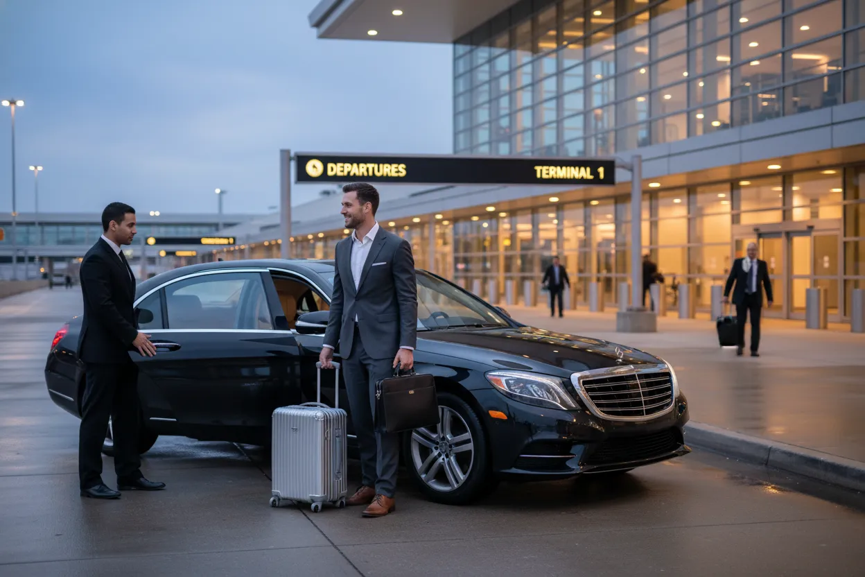 Black executive sedan parked at O'Hare terminal departures level, professional driver at the door, early morning airport atmosphere