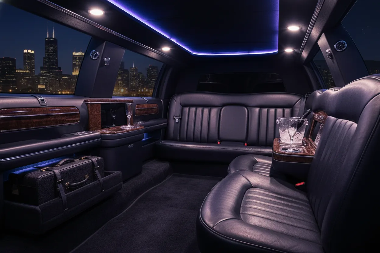 Interior of a luxury black limousine with leather seating, ambient lighting, clean and polished, luggage stowed neatly, subtle Chicago skyline visible through tinted window at night, photorealistic style
