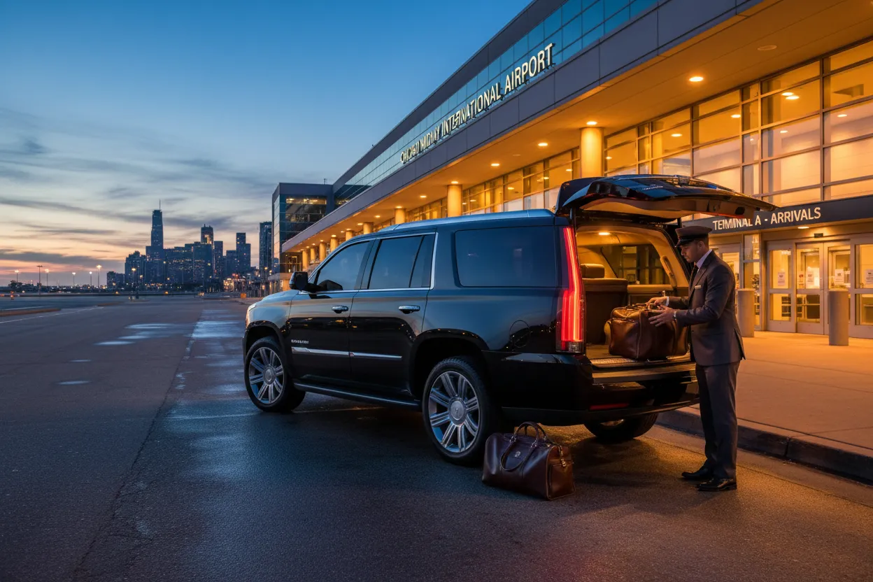 Polished black executive SUV parked curbside at Chicago Midway Airport at dusk, chauffeur loading luggage into the trunk, warm terminal lighting, photorealistic style