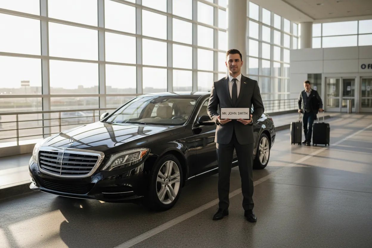 Professional chauffeur standing beside a polished black sedan at the O'Hare Airport arrivals terminal, holding a name sign, early morning light, photorealistic style