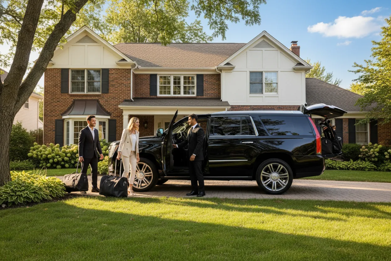 Group of four travelers with luggage loading into a polished black full-size SUV at a suburban Chicago home on a sunny summer morning, professional chauffeur assisting with bags, warm morning light, green suburban lawn in background
